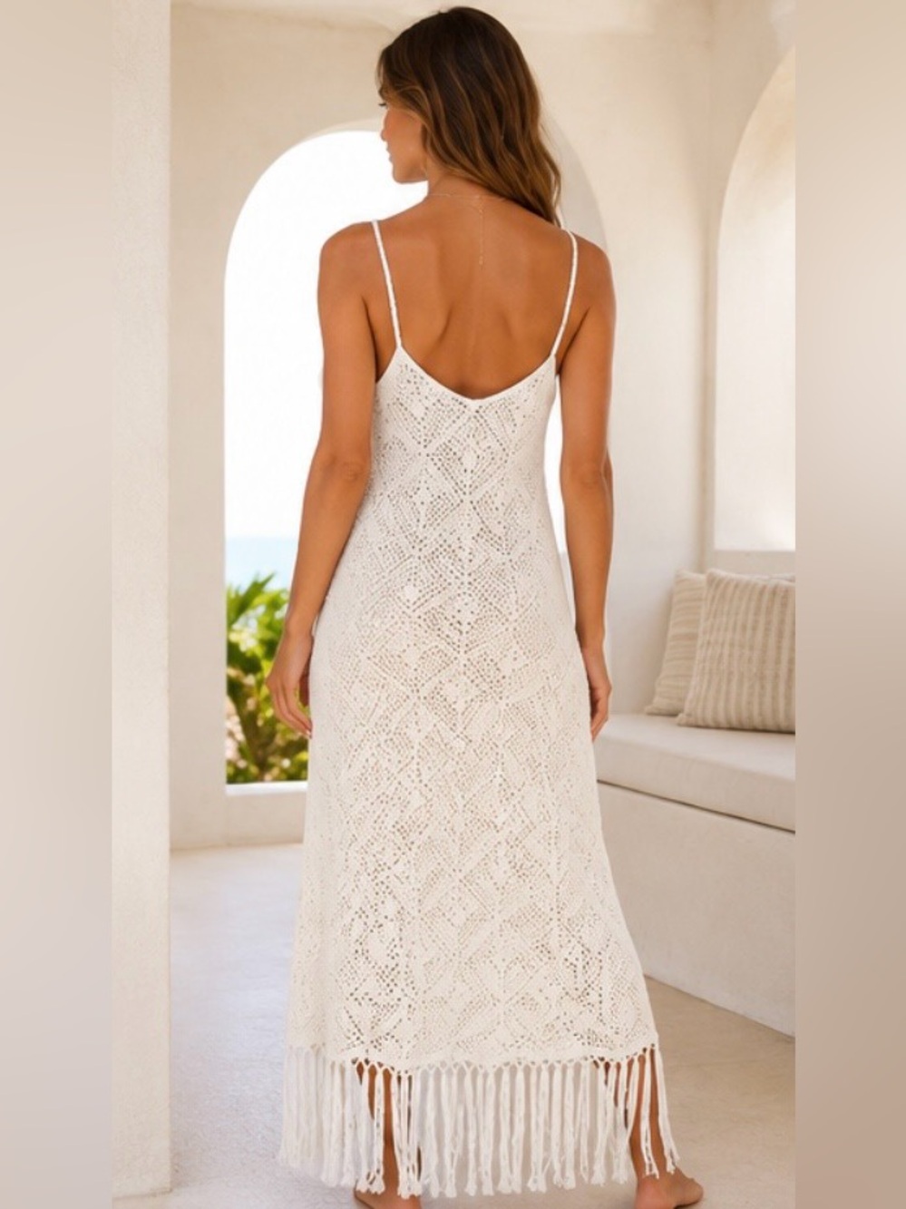 PilyQ White Crochet Fringe Maxi Dress Cover Up Boho Beach Resort Size M - Picture 3 of 9
